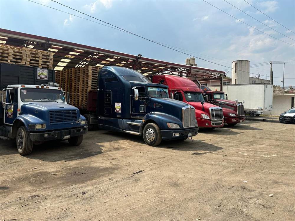 Unidades de transporte propias de Tarimas Lara en patio, junto al stock de tarimas