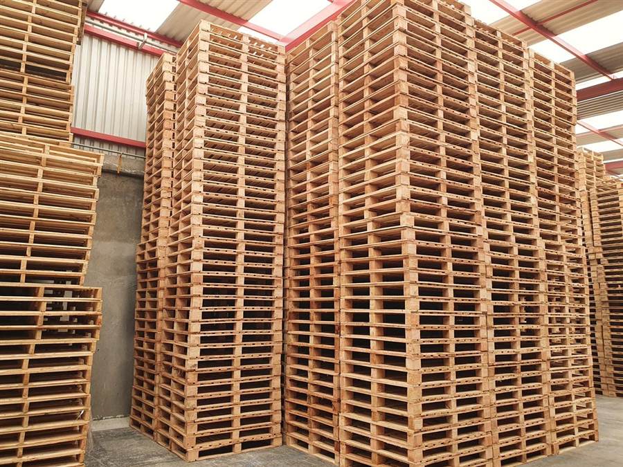 Interior de la bodega de Tarimas Lara con stock de tarimas